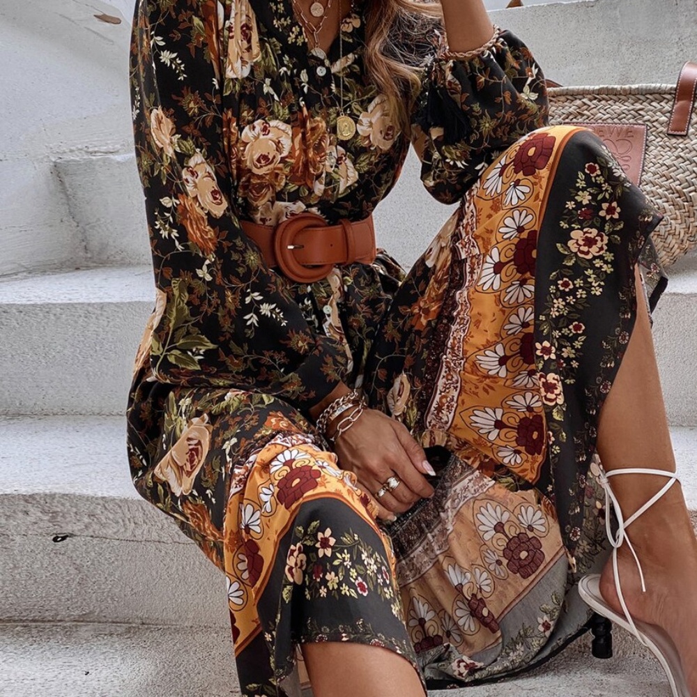 boho floral print button down long sleeve dress - Picture 2 of 7